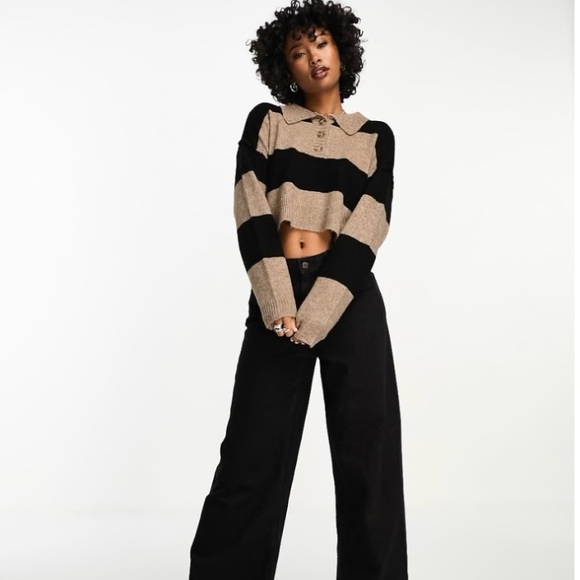 ASOS Crop Rugby Sweater in Stripe Black and Camel - Picture 1 of 11